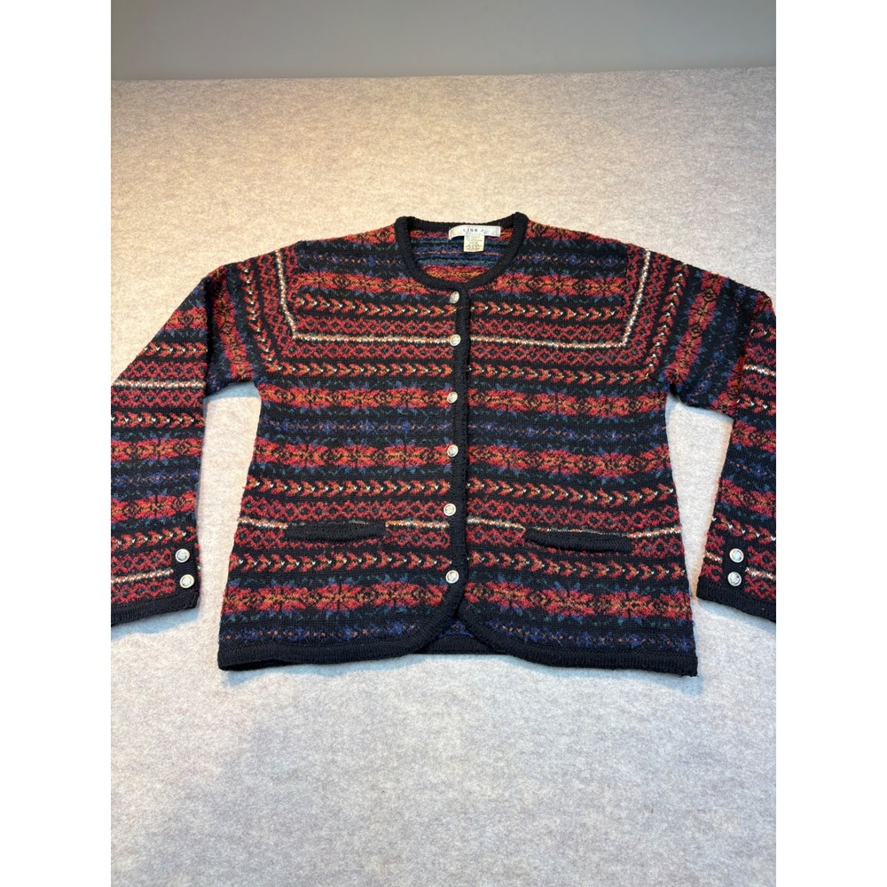 Lise J Womens Fair Isle Wool Blend Cardigan Sweater Black Red Crest Buttons M